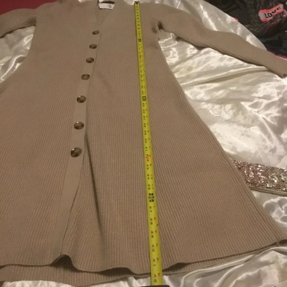 Ann Taylor Long Sleeve Ribbed Long Khaki Sweater Dress Button Down V Neck M - Picture 6 of 11